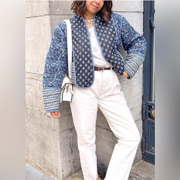 Cropped Puffer Jacket Stand Collar Floral Printed Open Front Quilted Lig… - Picture 8 of 15